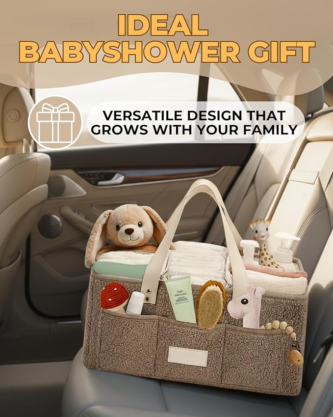 Baby Diaper Caddy Organizer with Portable Changing Mat - Teddy Fleece Diaper Organizer for Changing Table - Basket for Changing Essentials - Baby Essentials Organizer with Removable Dividers