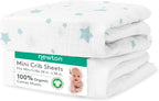 Newton Baby Mini Crib Fitted Sheets (2-Pack) | Organic Muslin Cotton, Breathable & Soft Baby Sheets, Washable Baby Mattress Sheets, Fits Any Mini Sized Crib 24" x 38", Moonstone Mist Stardust + White
