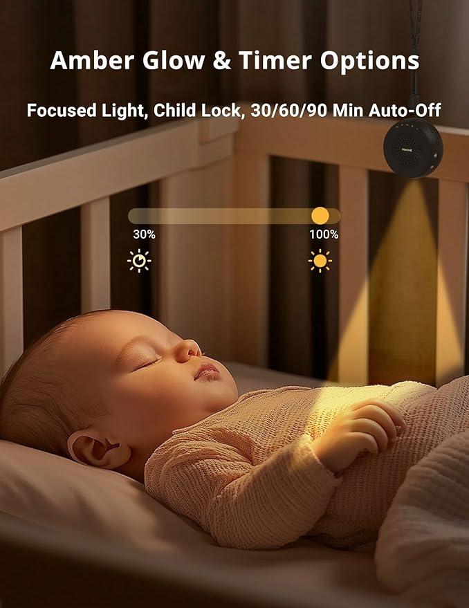 FOXFINE White Noise Machine, Portable Sound Machine with 36 Soothing Sounds, Focused Light, Timer, for Sleeping, Baby, Adults, Home & Travel, Black