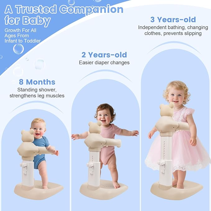 Adjustable Baby Shower Stand with Slip Base,Huggable Bear Bathing Support,Portable Shower Baby Stand,Bath Standing Shower with Toy Little Duck, Baby Bath Seat(Caramel)