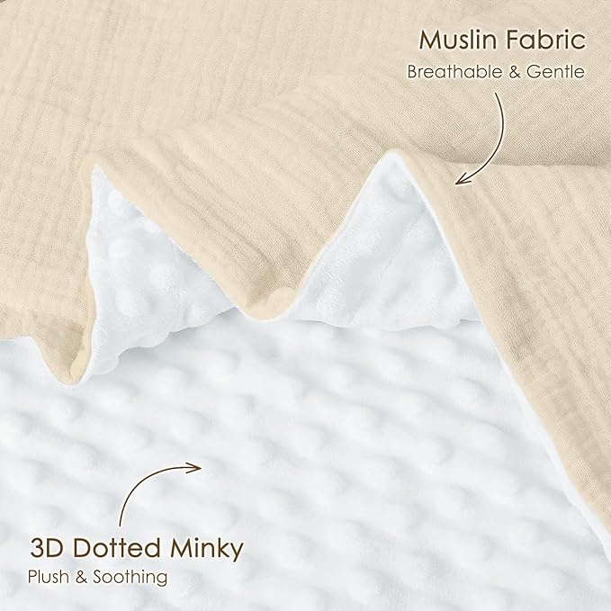 Baby Blankets for Boys Girls, Soft Nursery Minky Blankets with Muslin and Dotted Fleece Back 30x40 inches, Receiving Bed Quilt for Newborn, Infants, Toddlers (Beige)