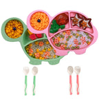 Baby Feeding Utensils Sets with Spoon and Forks 6 Pcs/Set Divided Silicone Suction Plates for Toddler Kids,Baby Feeding Dish BPA Free Microwave Dishwasher Safe-Green Pink Tortoise Sets