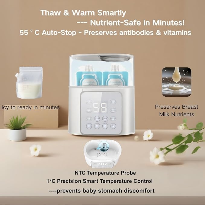 Double Bottle Warmer, LSZY Baby Bottle & Food Heater -Fast Milk Warmer for Breastmilk/Formula w/20 Bags, 45/75/100°C, 24H Keep Warm, Sanitize, Thaw Egg Cooker