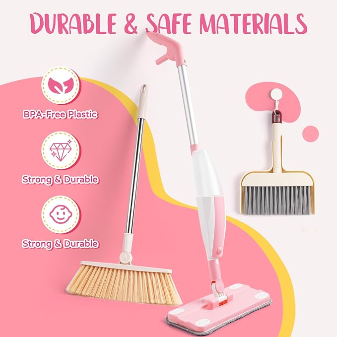 Kids Cleaning Toy Set,Pink Mini Spray Mop Montessori Toys Pretend Play Cleaning Tool for Toddlers with Spray Mop & Kids Broom Dustpan Set Cleaning Toys Gift for Toddlers Girls Boys Age 3+
