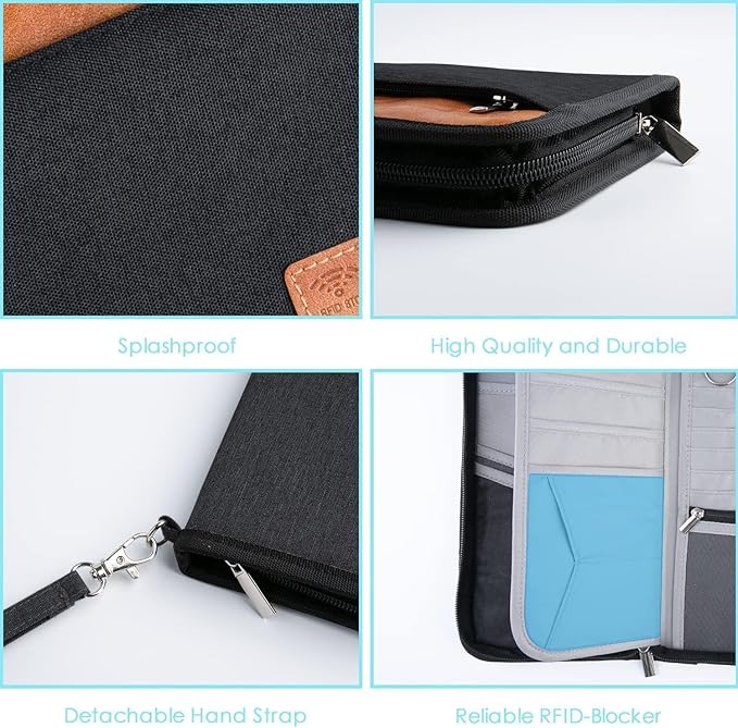 Real Leather Wallet RFID Family Passport Holder Waterproof Travel Essentials (Black)