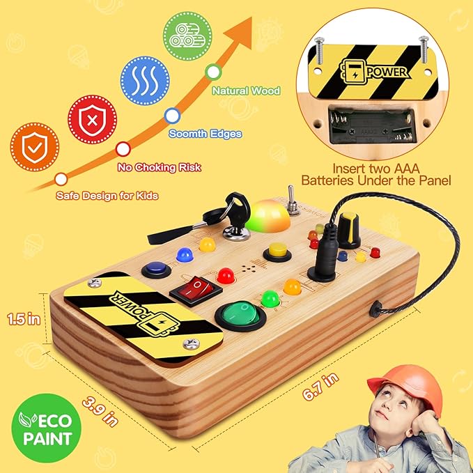 Busy Board Montessori Toys for Toddler, Wooden Sensory Board Switch Toy with Color-Changing LED Light Up Travel Toys Educational Plane Travel Activity for 1-6 Year Old Girls & Boys Gifts
