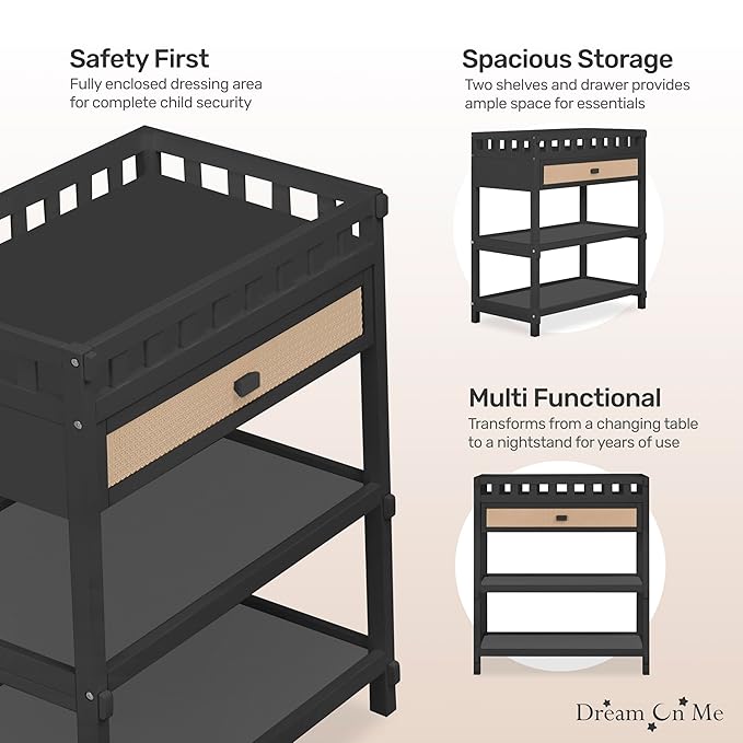 Dream On Me Doula Changing Table in Matte Black – JPMA & GREENGUARD Gold Certified, Enclosed Dressing Area for Safety, Two Spacious Storage Shelves & A Closed Drawer, Converts to Nightstand