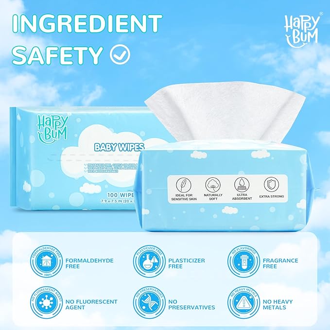 HAPPY BUM Baby Wipes, Large Dry Wipes for Baby, Unscented, Sensitive Skin, Wet and Dry Use, 600 Count, 6 Packs