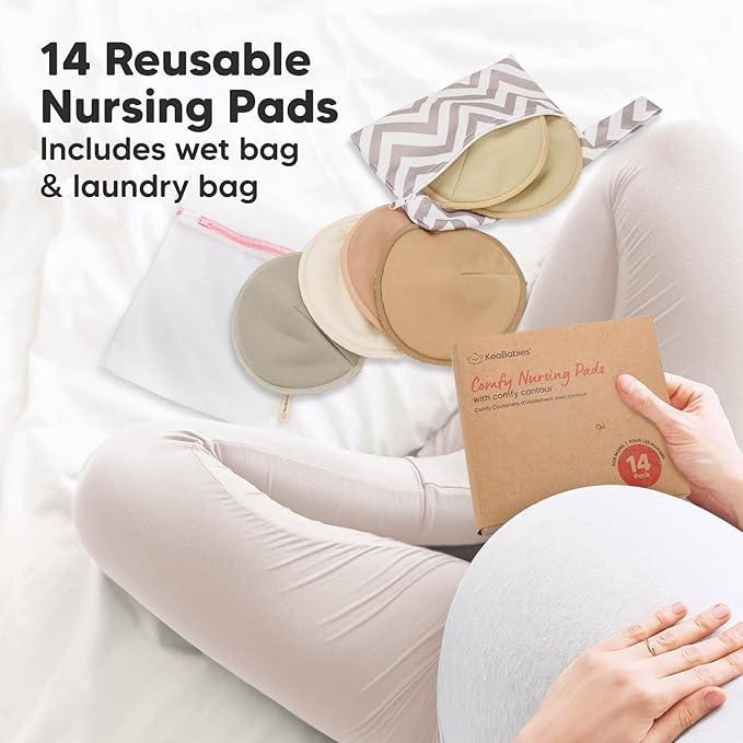 Organic Nursing Pads - 14 Washable Viscose Derived from Bamboo Breastfeeding Pads, Wash Bag, Reusable Breast Pads for Breastfeeding, Nipple Pads for Breastfeeding Essentials(Earth, M 3.9")