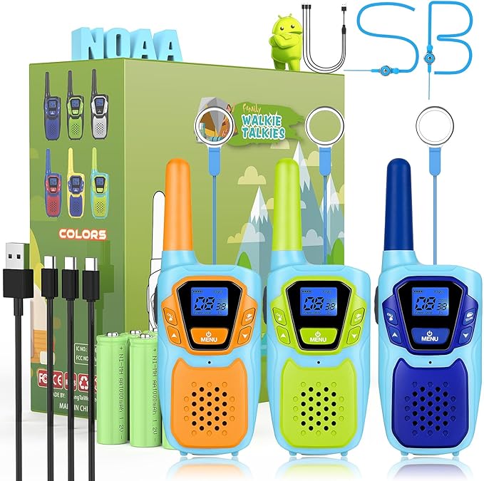 Walkie Talkies for Kids Rechargeable Walkie-Talkie for Adults Long Range FRS 2 Way Radio 3 Pack with Lanyard Battery 4 Miles NOAA USB, Family Toys for 3-12 Year Old Girls Boys Toddlers Camping