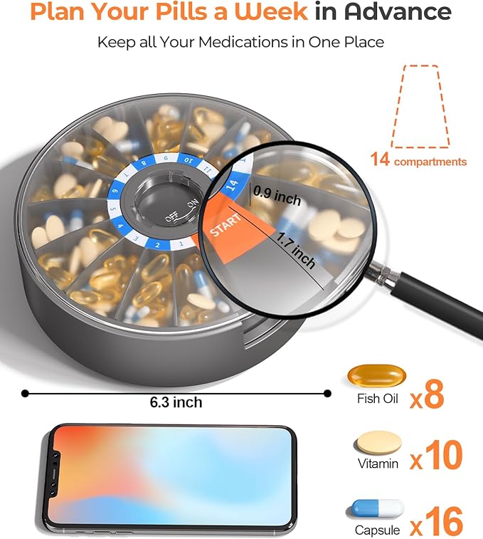 Daviky Pill Dispenser Daily, Large Pill Organizer with Wall-Mounted or Standing Use, 14 Days Pill Container, Push Button Design, Weekly Pill Box for Vitamin, Medicine,Supplement, Fish Oil(Gray)
