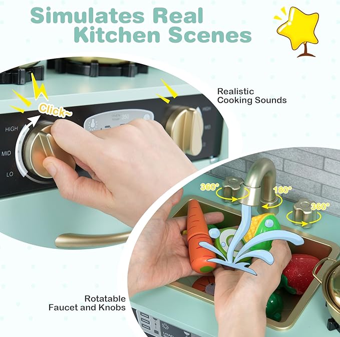 HONEY JOY Kids Kitchen Playset, Wooden Little Chef Pretend Toy Kitchen Set w/Chalkboard, Telephone, Utensils, Oven, Microwave, Sink, Storage, Play Kitchen for Toddlers Boys Girls, Green