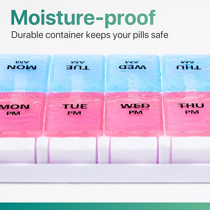 Sukuos Weekly Pill Organizer 7 Day 2 Times A Day, AM PM Medicine Pill Box with Easy Push Button, BPA Free Vitamin Cases for Fish Oil/Supplements, Easy to Clean (Red&Blue)