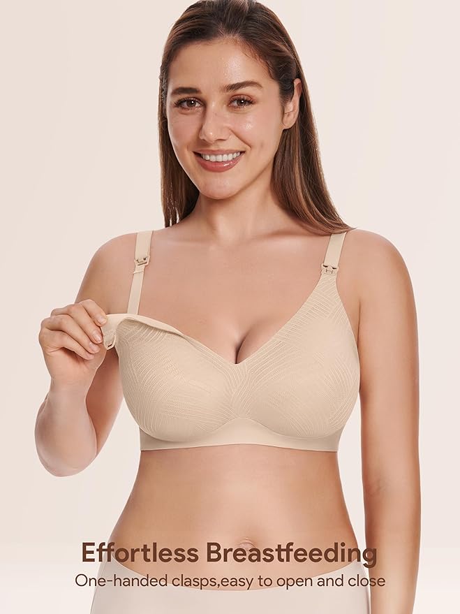 Angelhood Nursing Bras for Breastfeeding, Seamless Wireless Comfort Push up Lace Nursing Maternity Bralette for Pregnancy