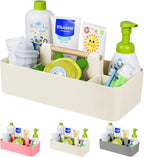 Baby Shower Caddy Plastic Nursery Portable Storage Organizer Caddy Tote for Child/Kids, Divided Basket Bin with Wood Handle for Bathroom, Dorm Room, Holds Hand Soap, Bottles, Spoons (Beige)
