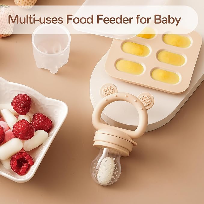 2 Pack Silicone Baby Fruit Feeder with Mini Freezer Tray, Breastmilk Popsicle Molds for Baby Teething Relief, Teethers, Fresh Food Feeder for Safe Infant Self Feeding, Extra Food Pouches - Chocolate