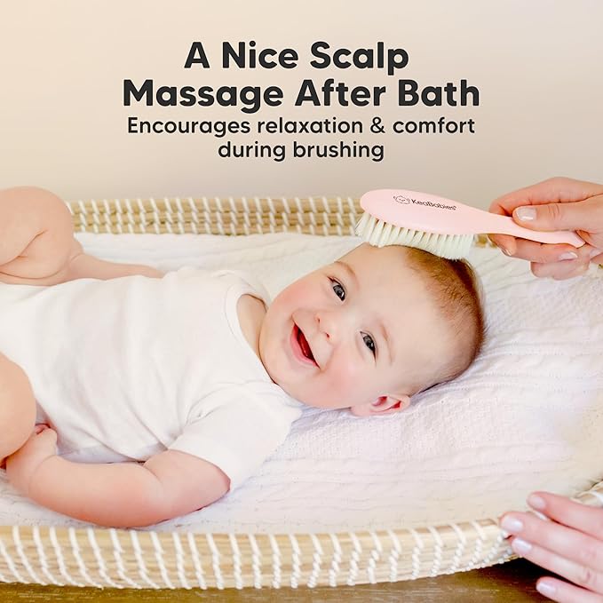 Wooden Baby Hair Brush - Cradle Cap Baby Brush with Soft Goat Bristles, Perfect Gentle Scalp Newborn Comb for Infant, Girls, Boys, Bath Essentials (Blush, Oval)