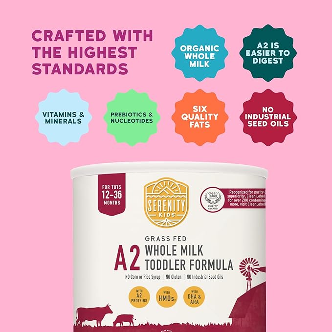 Serenity Kids Organic Toddler Formula Powder - Grass Fed A2 Whole Milk Powder - Prebiotics & DHA for Growth - Clean Label Project Purity Award Certified - 21 Oz, 6 Pack