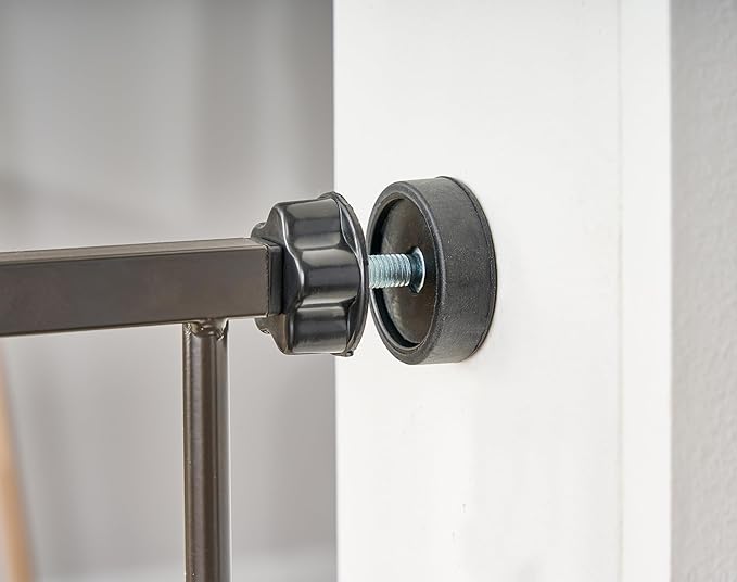 Regalo Home Accents Extra Wide Walk Thru Baby Gate, Includes Décor Hardwood, 4-Inch Extension Kit, 4-Inch Extension Kit, 4 Pack of Pressure Mount Kit and 4 Pack of Wall Cups and Mounting Kit