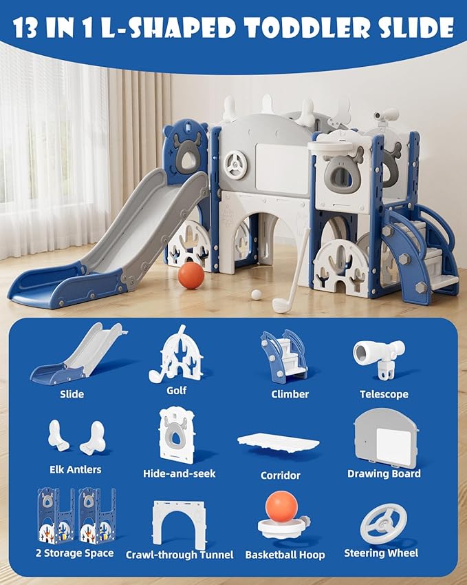 XJD 13 in 1 Toddler Slide Set, Kids Slide for Toddlers Age 1+, New Upgrade with Golf Set, Basketball Hoop, Drawing Board for Indoor Outdoor Playset,Toddler Playground (Blue Gley)