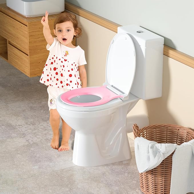 Toddler Toilet Seat with Potty Training Seat Round 16.5inch, 2 in 1 Toilet Seat for Family Built-in Baby Seat Removable, Soft Close + Easy Clean, PP Safe Material, Pink