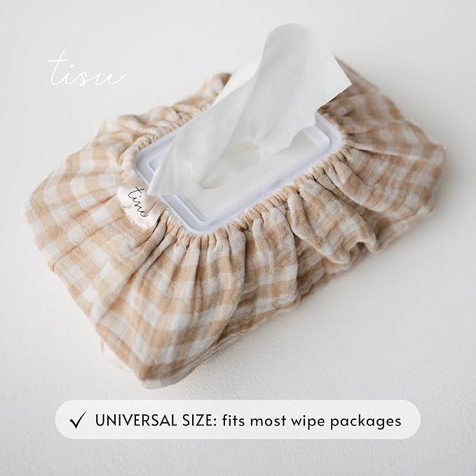Baby Wipes Cover – Universal Size, One Size Fits All Wipes Packages | Muslin Cotton Tissue Cover for Nursery, Diaper Bag & Changing Table, Station | Gingham & Neutral Patterns (Beige Gingham)