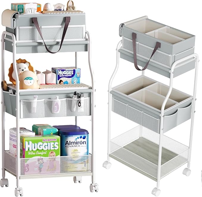 2 In1 Baby Diaper Caddy Organizer & Storage Cart, 3-Tier Rolling Diaper Organizers with Divider and 12 Pocket，Nursery Bedside Caddy Utility Cart for Baby Clothes & Dresser Baby Bottle -Baby Essential