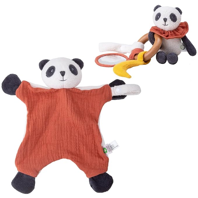 Organic Cotton Stuffed Animal Rattle Baby Toys, Organic Panda Cuddle Cloth & Organic Panda Activity Ring Plush Toy Set for Newborns Infant Boys Girls, 2 PCS