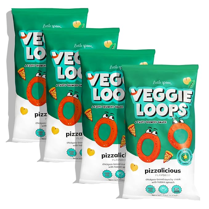Little Spoon Pizzalicious Veggie Loops, Chickpea and Spinach Snack, Baked Not Fried, Avocado Oil, Hidden Veggies, Tastier Snacks for Kids, 3g Protein, Gluten-Free, 4 Pack