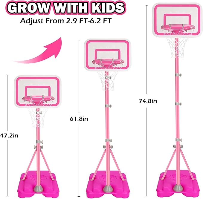 Tsomtto Toddler Basketball Hoop for Girls Pink Goals Adjustable Height 2.9ft-6.2ft Portable Kids Indoor Outdoor Play Outside Backyard Toys 3 4 5 6 Year Old Girl Birthday Gift