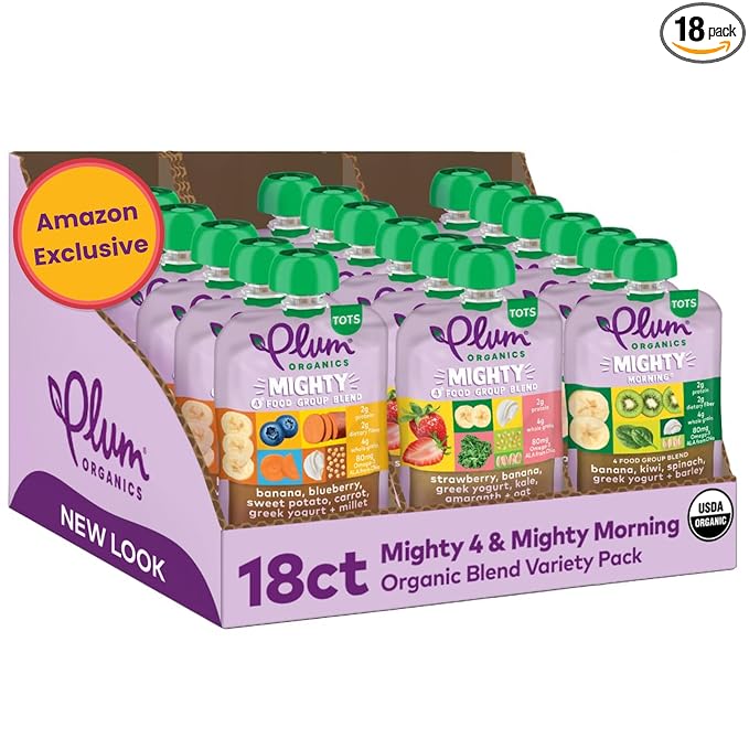 Plum Organics Variety Pack, 12+ Months – Toddler’s Taste Adventure & Sunrise Pack – Mighty 4 & Mighty Morning Organic Fruit & Veggie Pouches – 4 oz Pouch, Pack of 18 (Amazon Exclusive)
