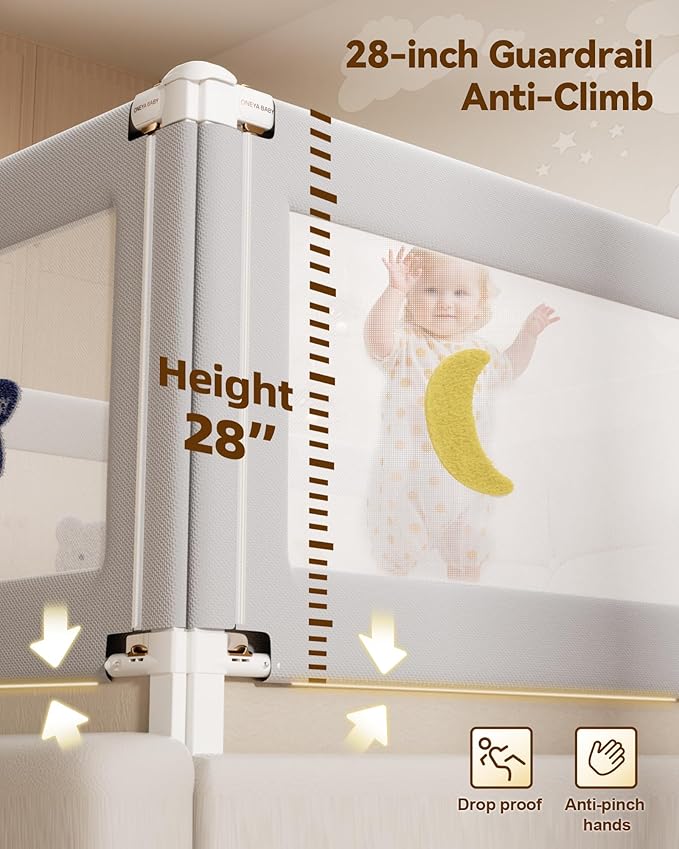 Baby Bed Rail Guard for Toddlers, Reinforced 60in Toddler Bed Rails for Queen Bed with Height Adjustable, Extral Tall Child Safety Side Railing Guards/Bedrail for Kids,Grey Star, 1 Side 54" Lx28” H