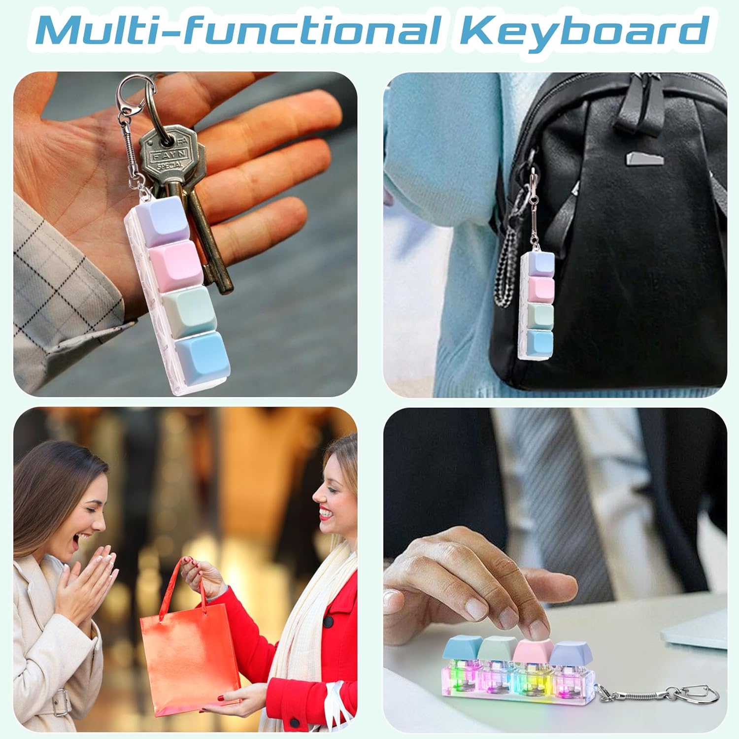 Keyboard Fidget Toys Adults Fidget Keyboard Clicker with LED Light Keychain Sensory Toys for Anxiety Stress Relief (Macaron2, 4 in 1)
