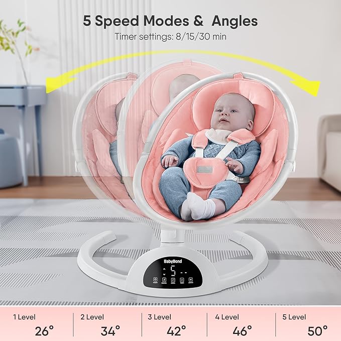 BabyBond Baby Swings for Infants, Bluetooth Infant Swing with Music Speaker, 3 Seat Positions, 5 Point Harness Belt, 5 Speeds and Remote Control - Portable Baby Swing for Indoor and Outdoor (Pink)