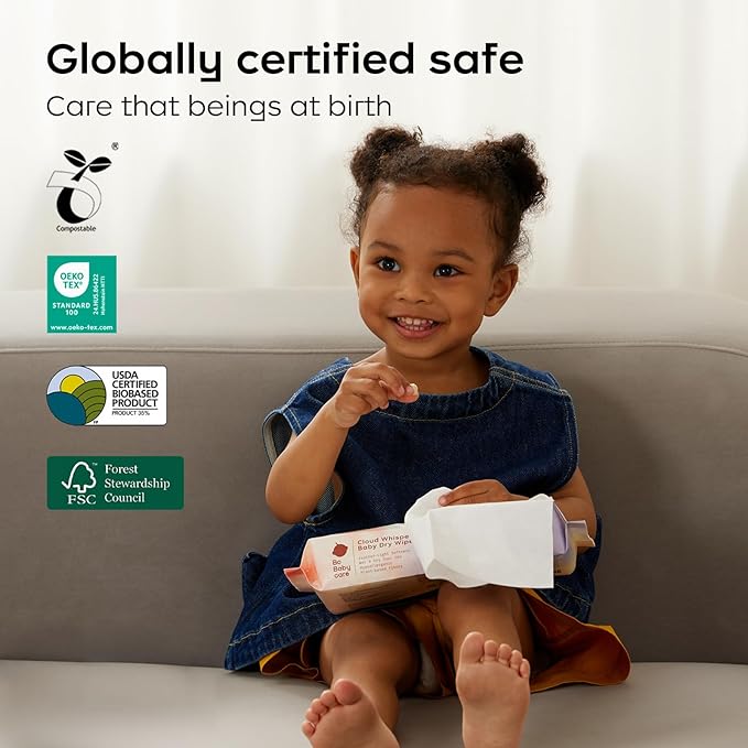 Bc Babycare Dry Wipes, Plant-based Fibers, Wet and Dry Multi-Use Facial Cloth and Baby Wipe, Hypoallergenic and Gentle on Skin, 48 Count, 4 Packs