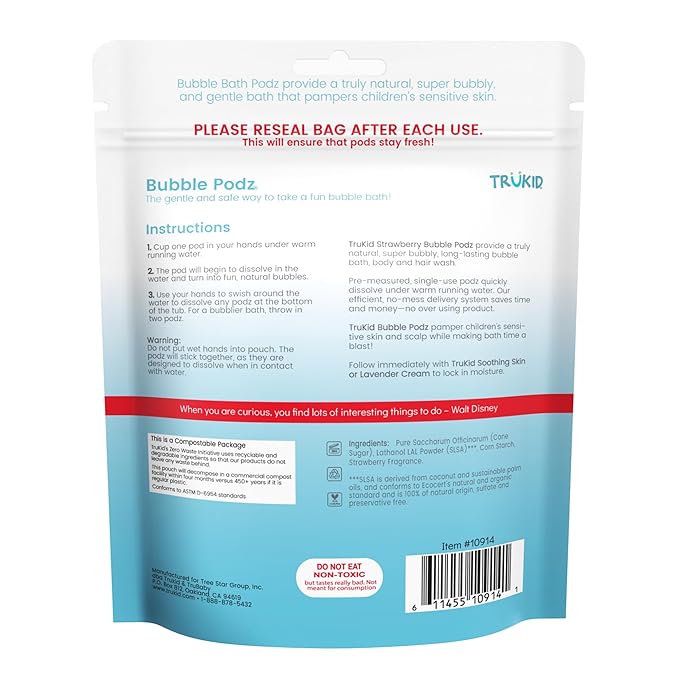 TruKid Bubble Podz Bubble Bath for Kids, Toddlers, & Babies, Tear Free Gentle & Refreshing Bath Bomb for Sensitive Skin with Natural Moisturizers, Non-Toxic, pH Balanced, Strawberry Scent (60 Podz)