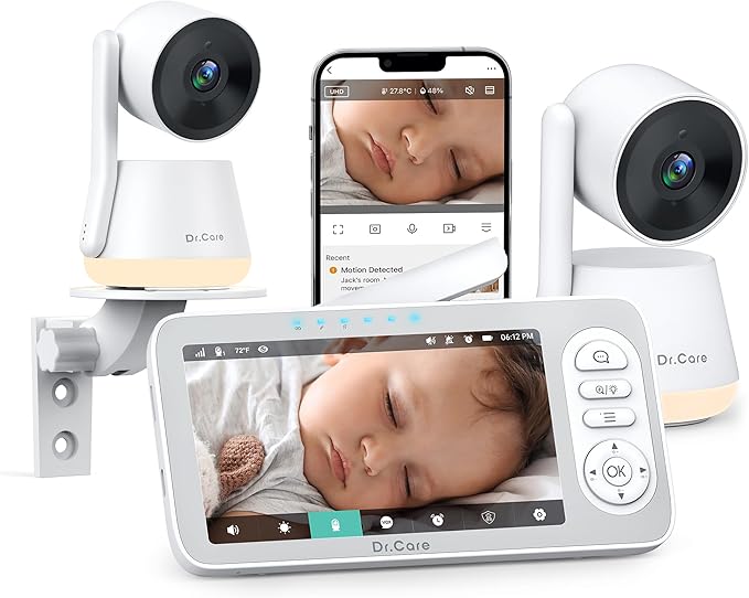 Dr.Care LumiView Plus Smart WiFi Baby Monitor with 2 Cameras - 5.5" 1080P Split Screen & 2K Camera, Privacy Mode, Cry & Motion Alerts, 5000mAh Removable Battery, RGB Night Light, HD Night Vision