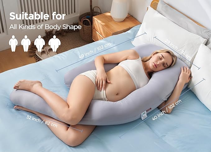Momcozy Pregnancy Pillow with Cooling Cover, Dreamlign U Pro Maternity Pillow with Adjustable Leg Pillow - Support for Back, HIPS, Belly, Legs for Pregnant Women, 50-72 Inch Full Body Pillow, Grey