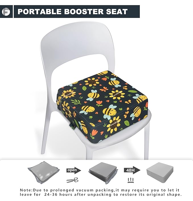 Toddler Booster Seat for Dining Table, Portable Booster Seat for Kitchen Chair, 4 Inch High-Density Foam Cushion with Adjustable Safety Straps and Non-Slip Bottom, Perfect for Kids Travel and Daily