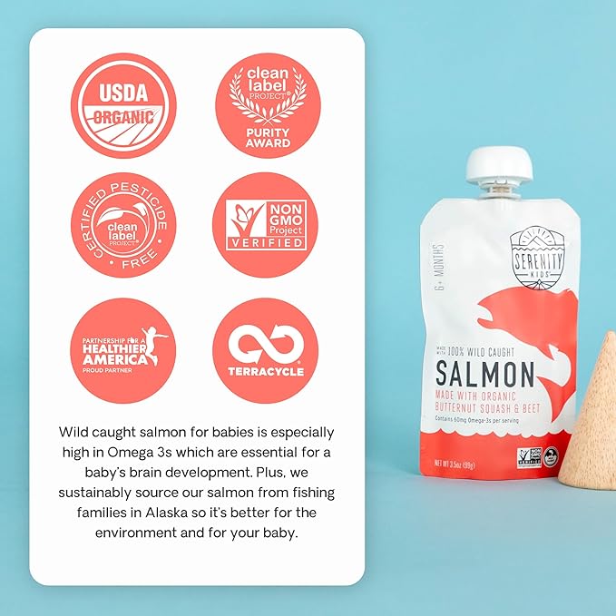Serenity Kids 6+ Months Baby Food Pouches Puree Made With Ethically Sourced Meats & Organic Veggies | 3.5 Ounce BPA-Free Pouch | Wild Caught Salmon, Butternut Squash, Beet | 1 Count (Pack of 3)