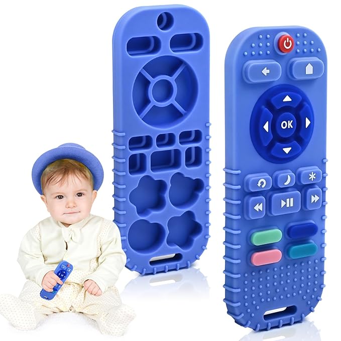 AiTuiTui Baby Teething Relief Chew Toys for 3 6 9 12 Months Essentials, Silicone Teether Remote Control Bath Toy for Autism Newborn Infant Boy Girl Baby Shower Birthday Gifts, Dark Blue