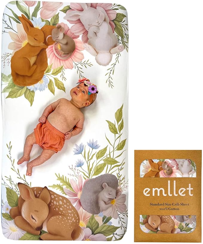 100% Cotton Fitted Crib Sheet, Forest Friends Woodland Animals Theme, Cozy Baby Nursery Bedding, Standard Size 52 x 28 in