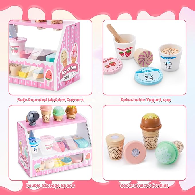 WHOHOLL Wooden Ice Cream Counter Playset for Toddler Girl Toys, Play Store Pretend Toy Food Play Kitchen Accessories with Fake Money & Coin, Gifts for 3+ Year-Old Kids (Pink)