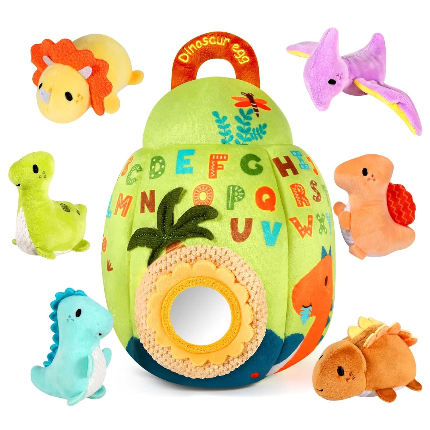 Baby Toys 6-12 Months - Soft Dinosaur Egg Toy with Rattle, Crinkle Paper, Squeaker, Mirror - Baby Sensory Toys for 6+ Month Old Developmental, Montessori Toys for 1 Year Old Boy Girl Gifts