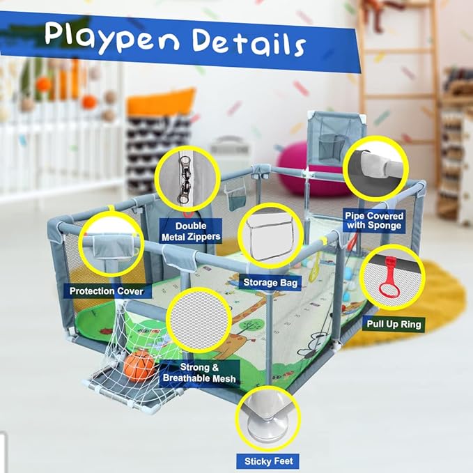 Upgrated Baby Playpen with Mat, Playpen for Babies and Toddlers, Large Playpen with Mat, Sport Playpen, Play Pen with Accessories, Baby Fence, PlayPen Indoor & Outdoor Activity, Sturdy Kids