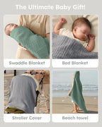 Yoofoss Hooded Baby Towels for Newborn 2 Pack 100% Muslin Organic Cotton Baby Bath Towel with Hood for Babies, Infant, Toddler and Kids,37.5"x37.5",Soft and Absorbent Newborn Essential,Grey&Dark Green