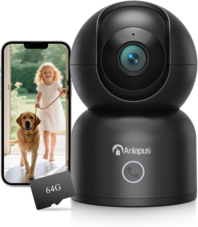 Anlapus C518 4K Pan/Tilt Home Indoor Security Camera, Plug-in WiFi Pet/Baby Monitor with One-Touch Call, AI Human/Pet/Face Tracking, 2.4/5 GHz, Two-Way Talk, Night Vision, 64G Memory Card Storage