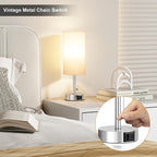 White Table Lamp for Bedroom Nightstand - Small Lamp with USB A + C Charging Port, 3 Color Temperatures Pull Chain Night Stand Light, Silver Base Desk Reading Lamp for Living Room