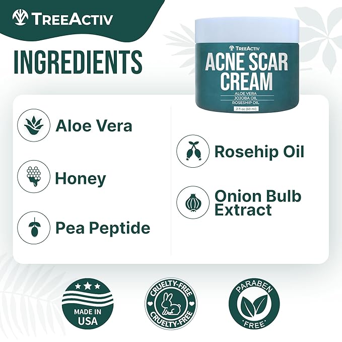 TreeActiv Acne Scar Cream, 2 fl oz, Scar Cream for Face and Dark Spot Remover, Lotion for Stretch Marks and Body, Acne Scar Removal for All Skin Types, 500+ Uses