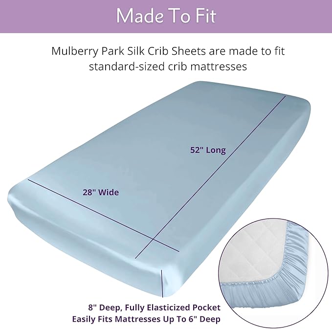 Mulberry Park Fitted Silk Crib Sheet - Grade 6A Pure 19 Momme Toddler Bedding - Gentle on Baby's Delicate Skin, Helps with Bald Spot, Eczema, Dry Skin & Cradle Cap - 28" x 52" / Bedtime Blue